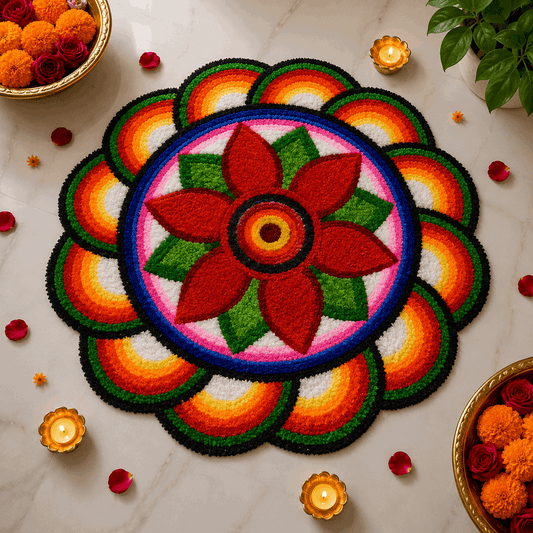 Red poinsettia medallion rangoli mat 3 Ft fur yarn – auspicious – Craft Decor