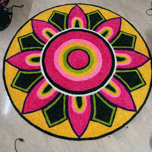 Golden Pookalam Lotus Rangoli Mat – 3 Ft Fur Yarn
