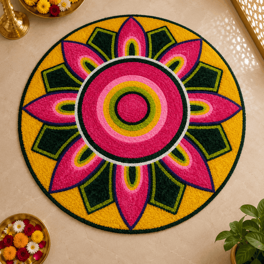Golden Pookalam Lotus Rangoli Mat – 3 Ft Fur Yarn