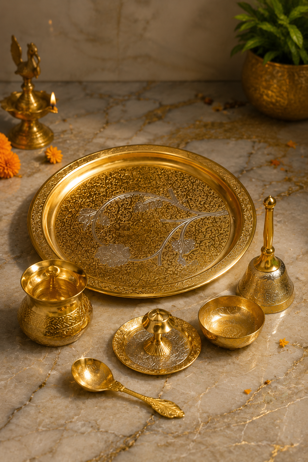 Royal Gold & Silver Pooja Thali Set with Velvet Box by Craft Decor