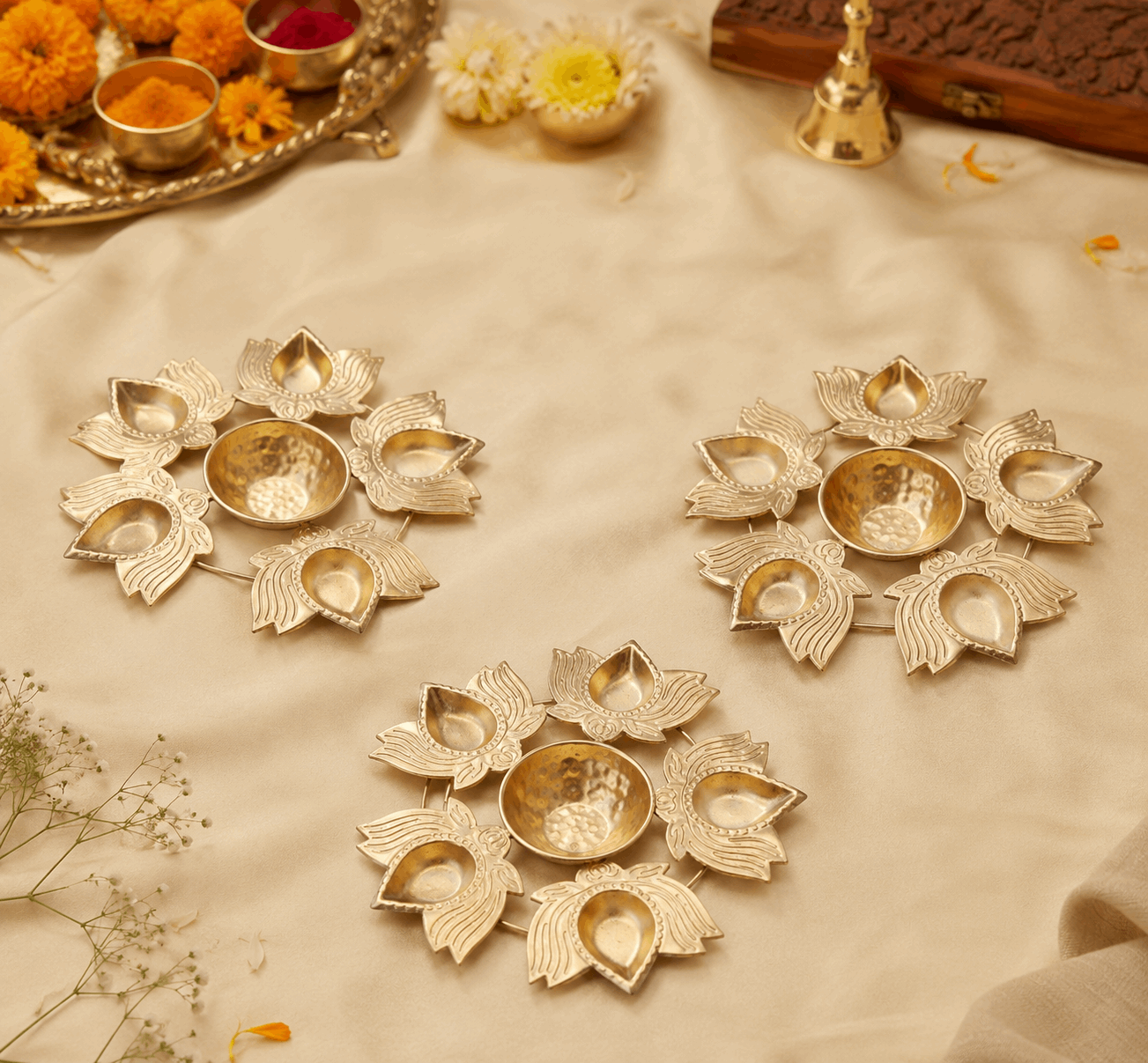 Handcrafted Golden Pooja Katori Diya Set – Set of 3