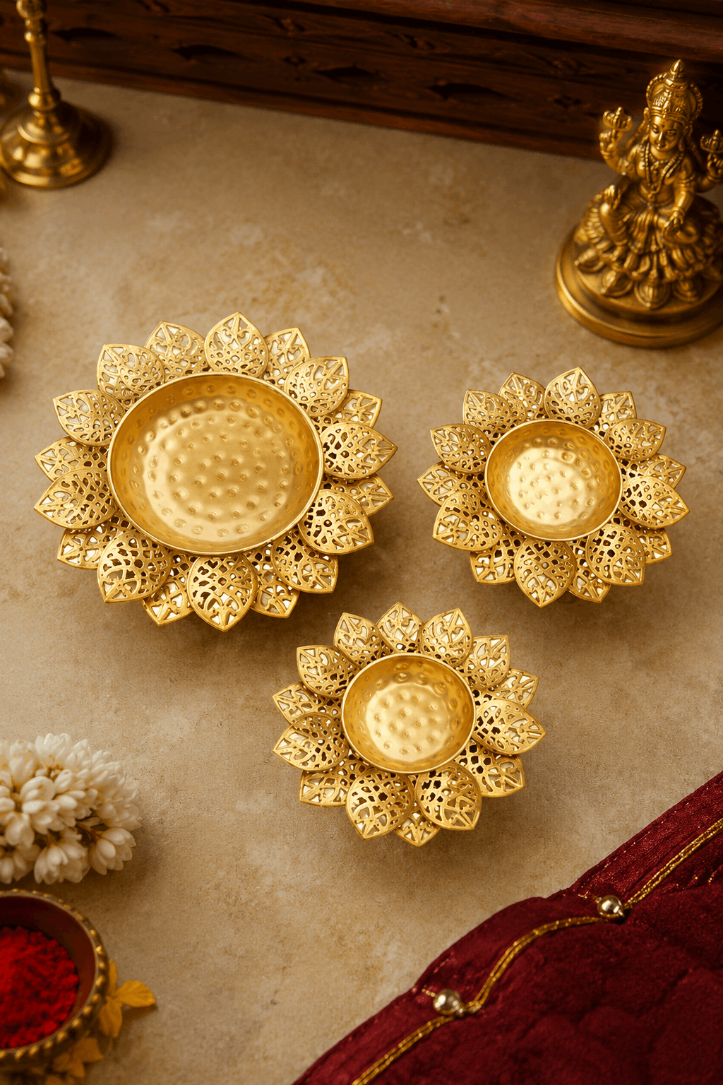 Handcrafted Golden Pooja Katori Set – Set of 3