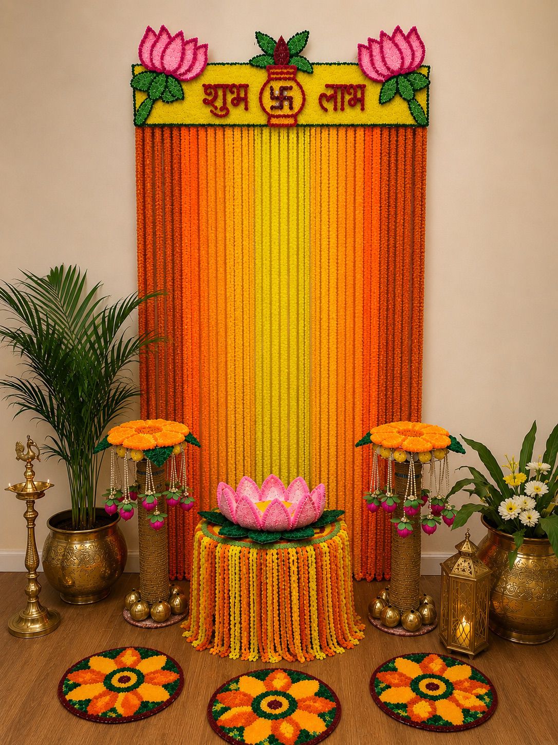 Kamal Darbar Orange-Yellow Ganpati backdrop 7×5 Ft – festive Ganesh Chaturthi decoration setup | Craft Decor