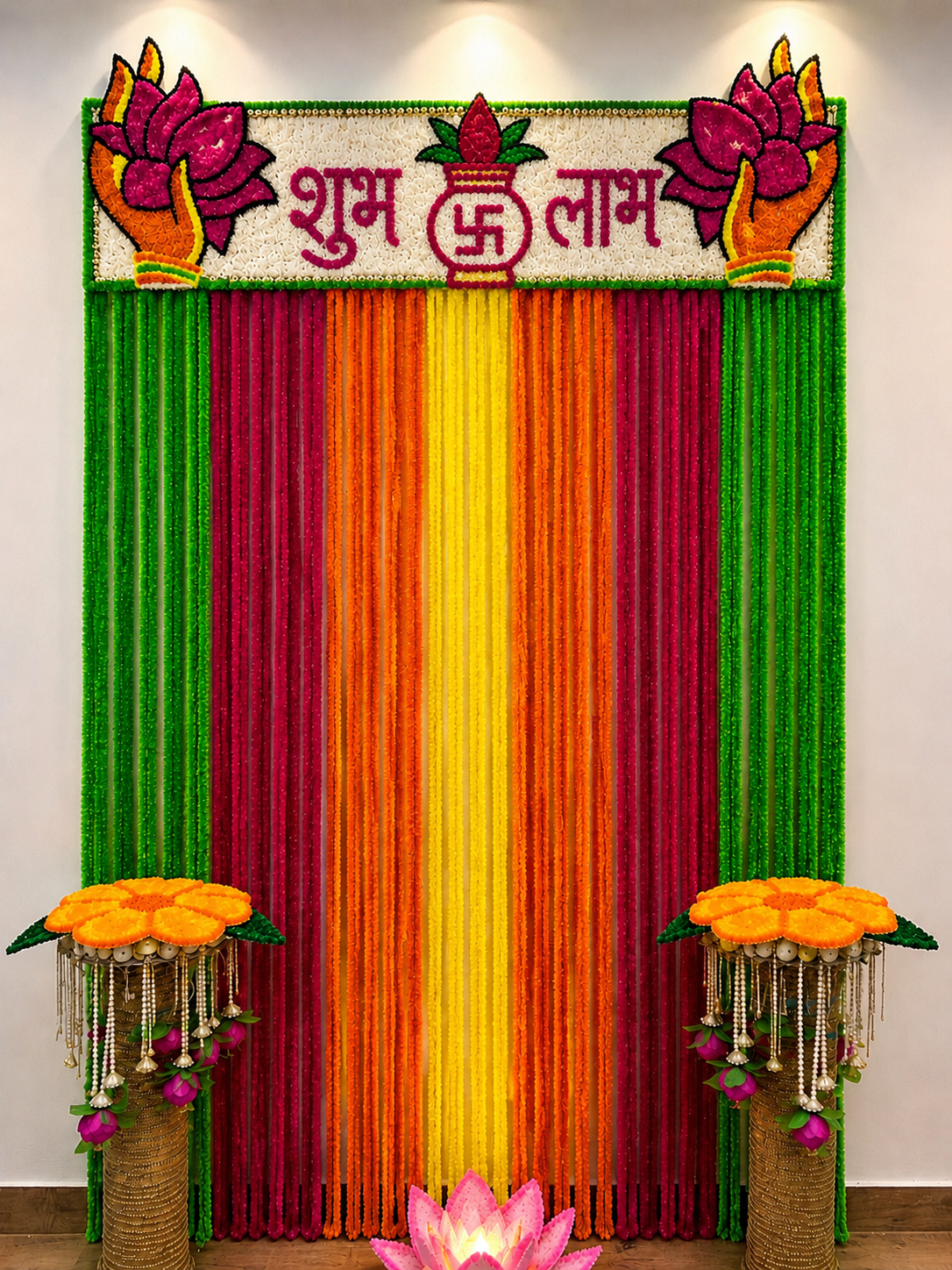 Kamal Darbar Multi-colour Ganpati backdrop 7×5 Ft – complete Bappa darbar setup with Japanese Lycra curtain | Craft Decor