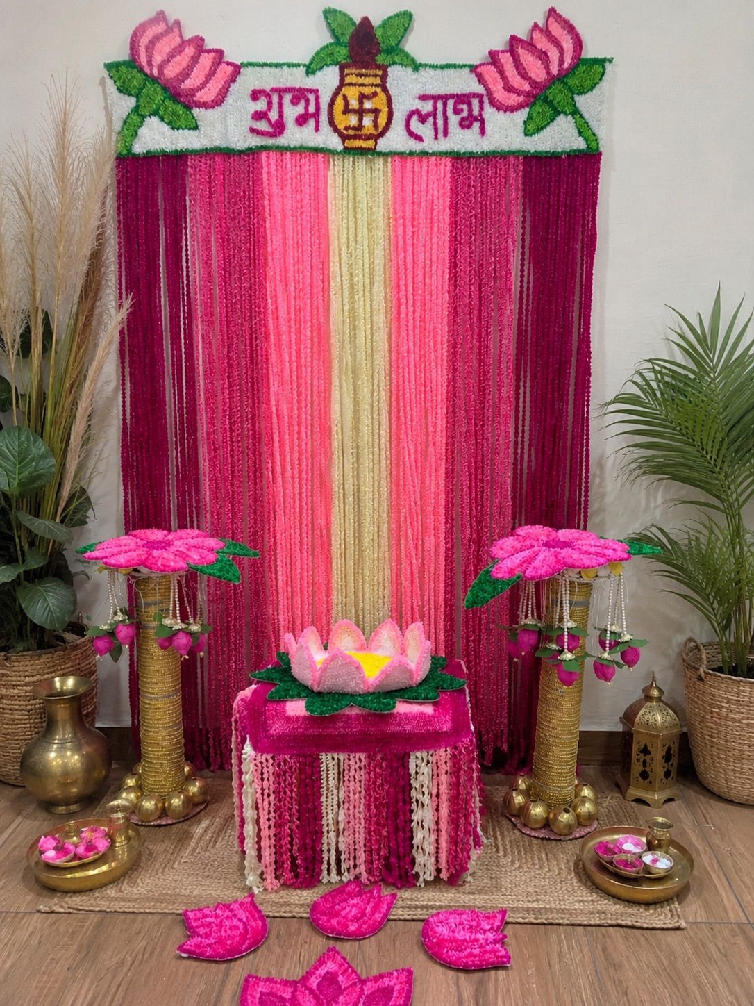 Kamal Darbar Pink-Purple Ganpati backdrop 7×5 Ft – Shubh Labh lotus top panel with draped Lycra curtain | Craft Decor