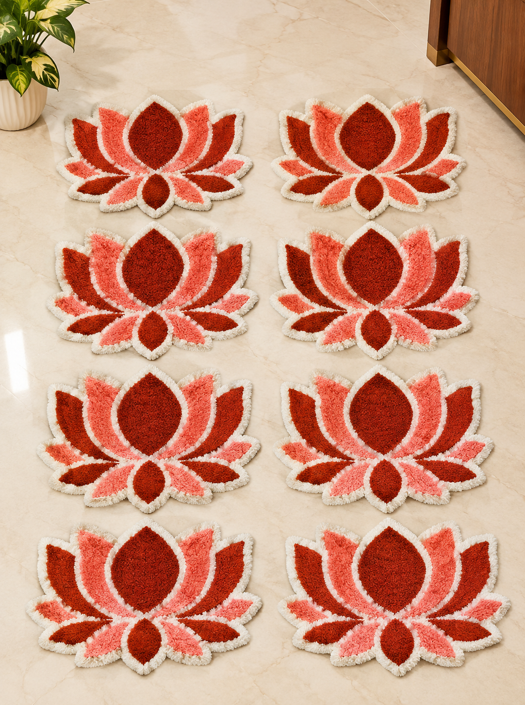 Kamal Pankti Peach-Red lotus rangoli floor mat set of 8 – griha pravesh entrance décor | Craft Decor