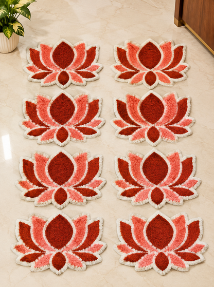 Kamal Pankti Peach-Red lotus rangoli floor mat set of 8 – griha pravesh entrance décor | Craft Decor