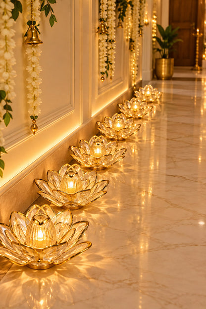 Lotus Crystal LED Lamp Set – Set of 6 | Festive Mandir Decor | Craft Decor