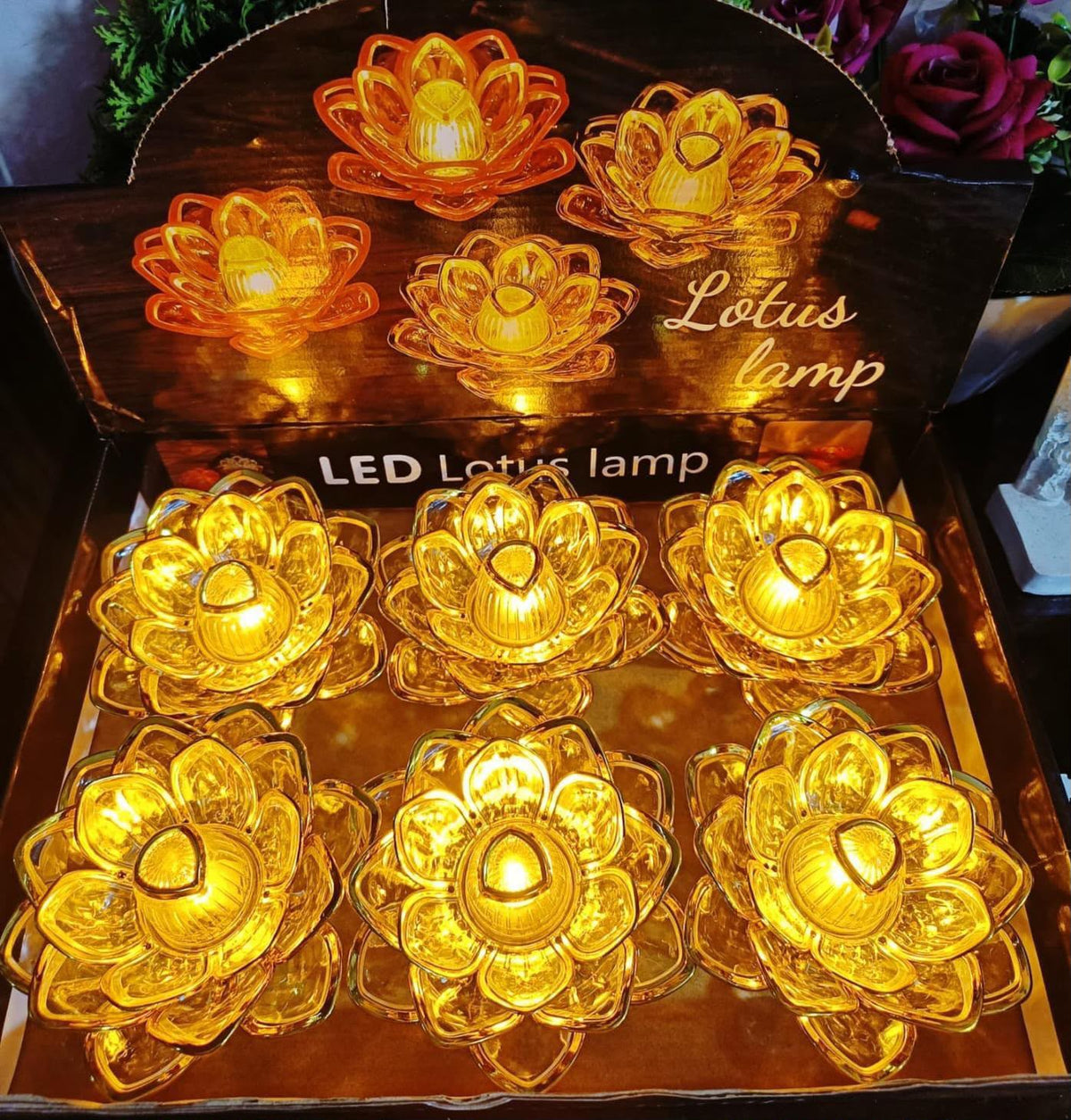 Lotus Crystal LED Lamp Set – Set of 6 | Festive Mandir Decor | Craft Decor