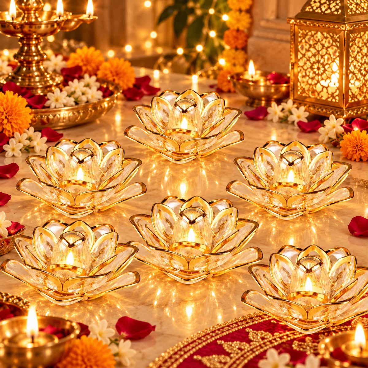 Lotus Crystal LED Lamp Set – Set of 6 | Festive Mandir Decor | Craft Decor