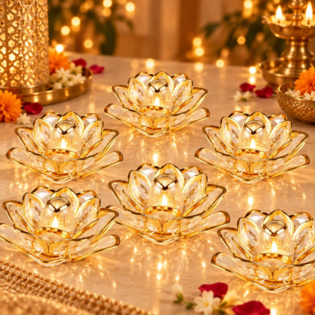 Lotus Crystal LED Lamp Set – Set of 6 | Festive Mandir Decor | Craft Decor