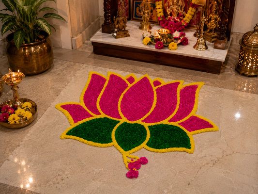 Pink lotus bloom rangoli mat 3 Ft fur yarn – no powder – Craft Decor