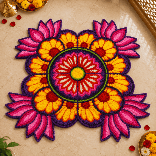 Magenta Sunflower Quartet Bloom Rangoli Mat – 3 Ft Fur Yarn