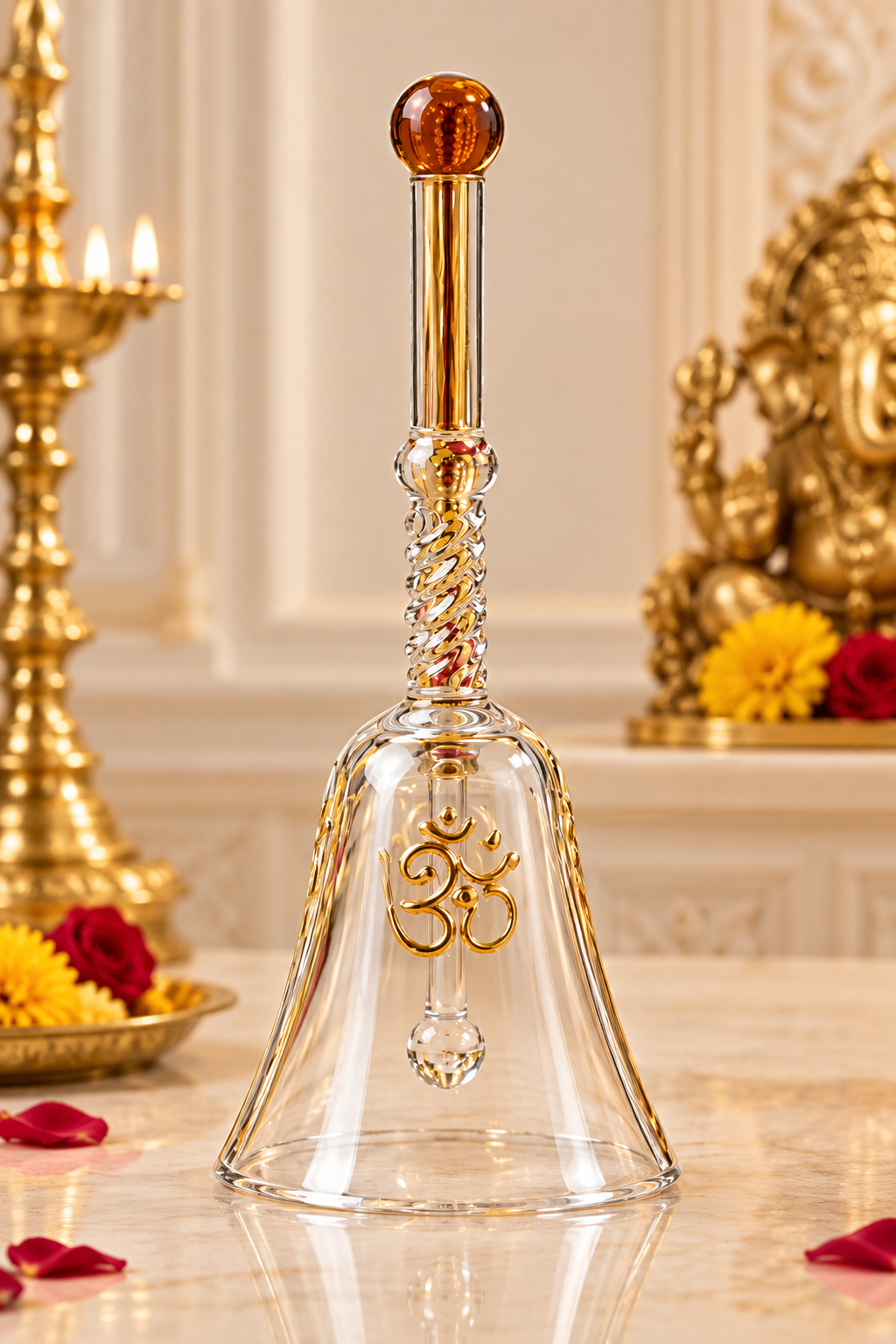 Nada Kaanch borosilicate glass puja bell with Om etching and brass handle – premium crystal ghanta | Craft Decor