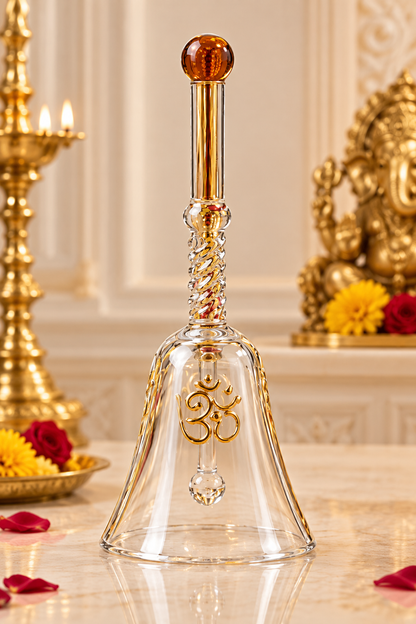 Nada Kaanch borosilicate glass puja bell with Om etching and brass handle – premium crystal ghanta | Craft Decor