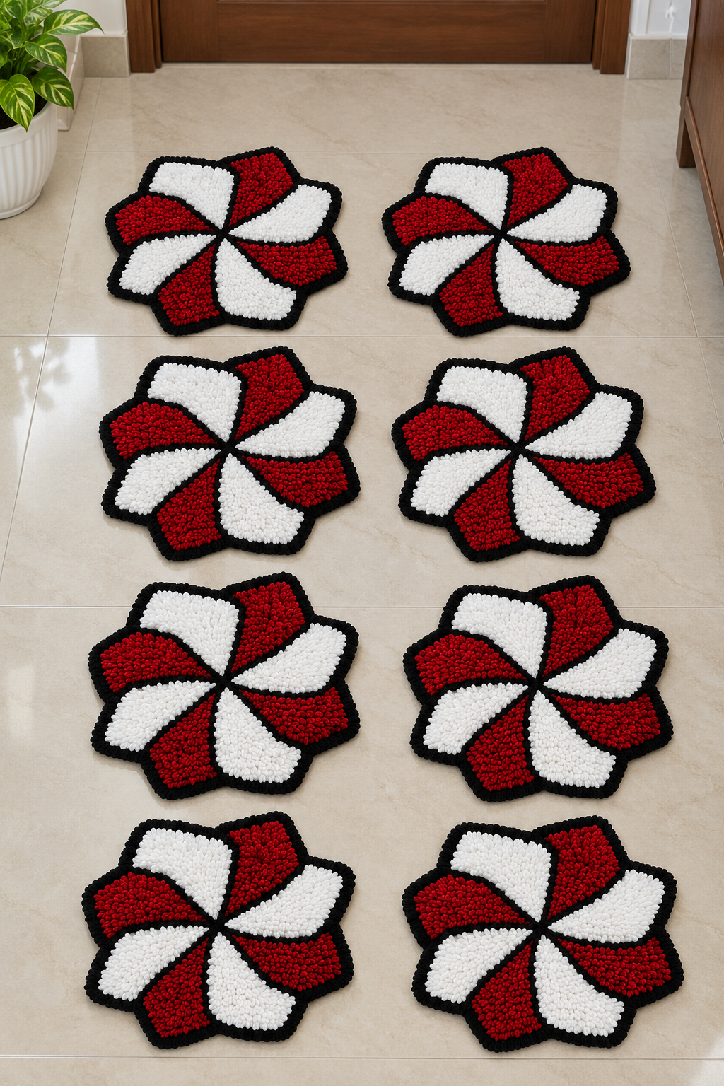 Mangal Rang Red-White spinning flower floor mat set of 8 – festive entrance & staircase decoration | Craft Decor