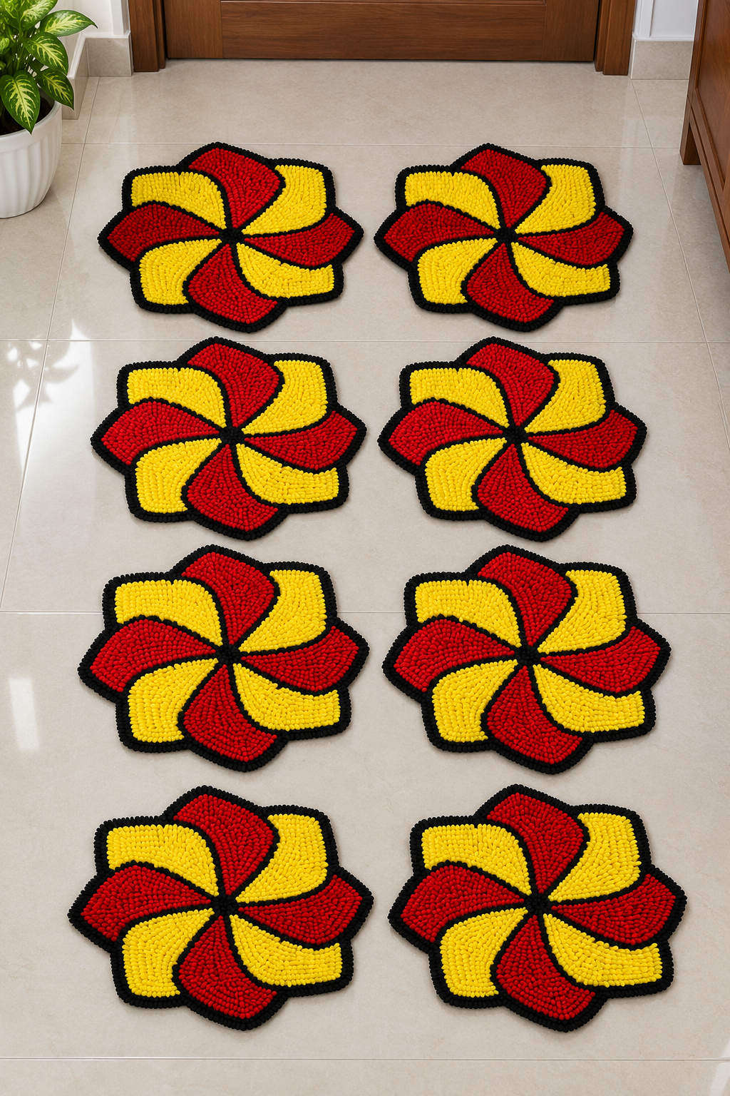 Mangal Rang Red-Yellow chakri phool flower floor mat set of 8 – Diwali staircase decoration | Craft Decor