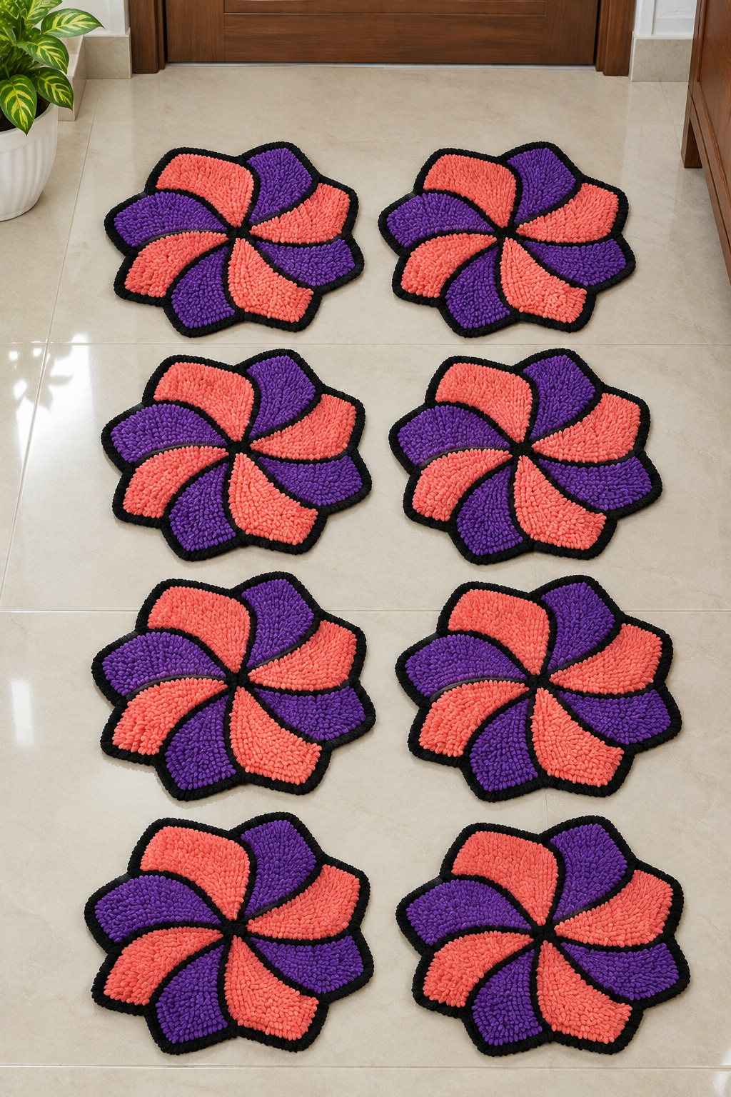 Mangal Rang Pink-Purple flower rangoli floor mat set of 8 – Navratri staircase décor | Craft Decor