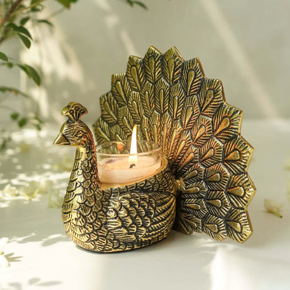 Metal Peacock Candle Holder – Antique Gold Finish