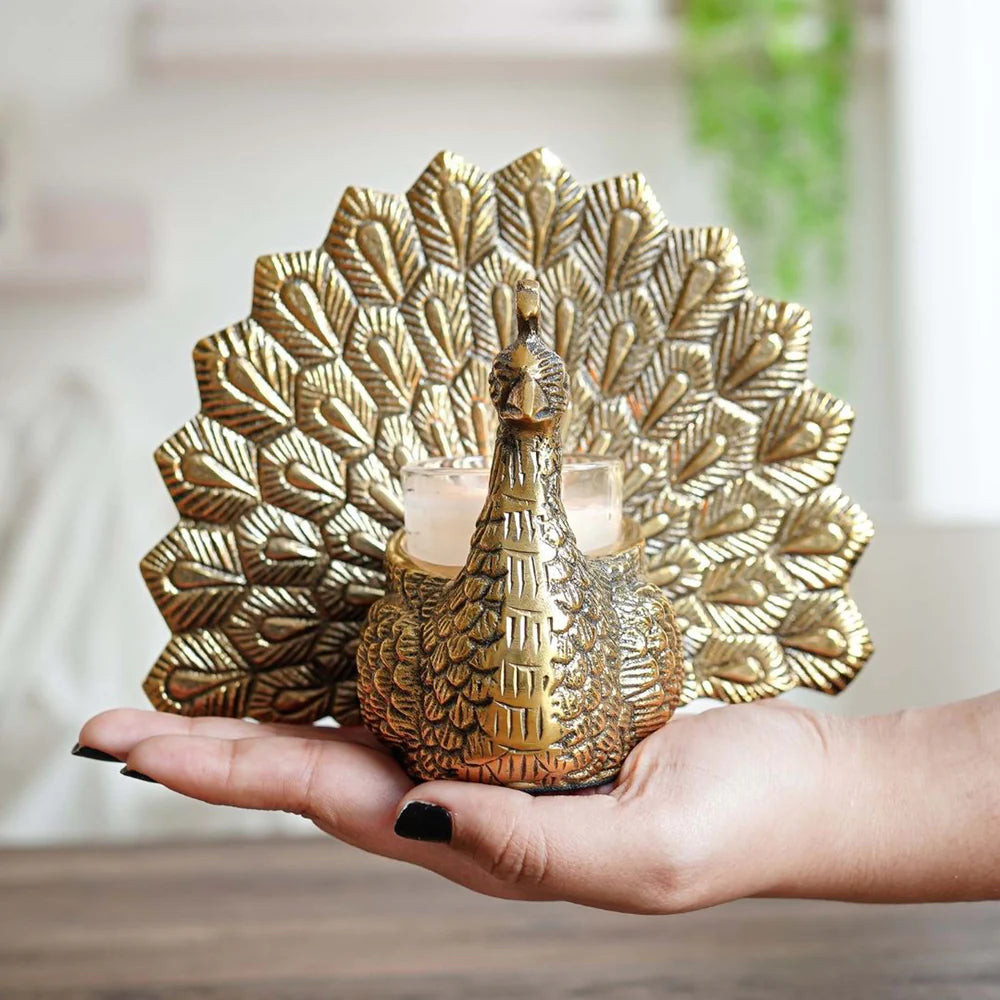Metal Peacock Candle Holder – Antique Gold Finish
