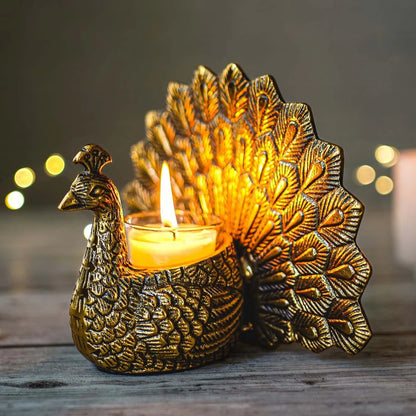 Metal Peacock Candle Holder – Antique Gold Finish