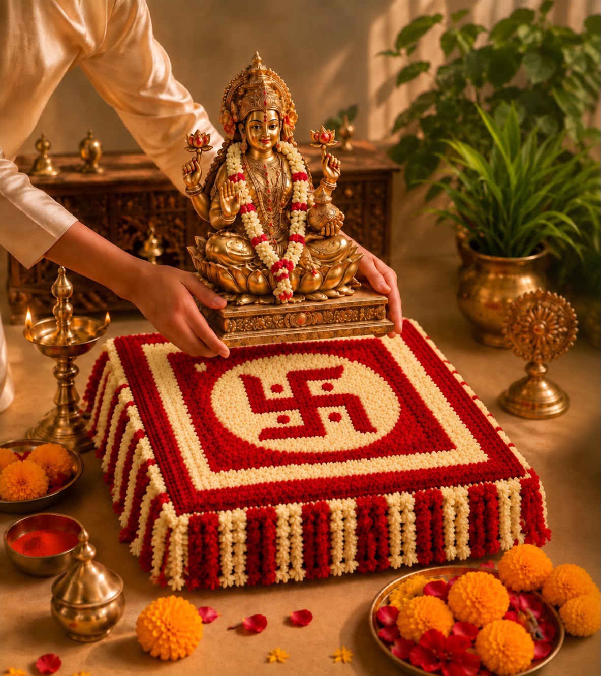 Devi Aasan Swastik chowki cover – handcrafted fabric puja seat cover for Navratri & Diwali | Craft Decor