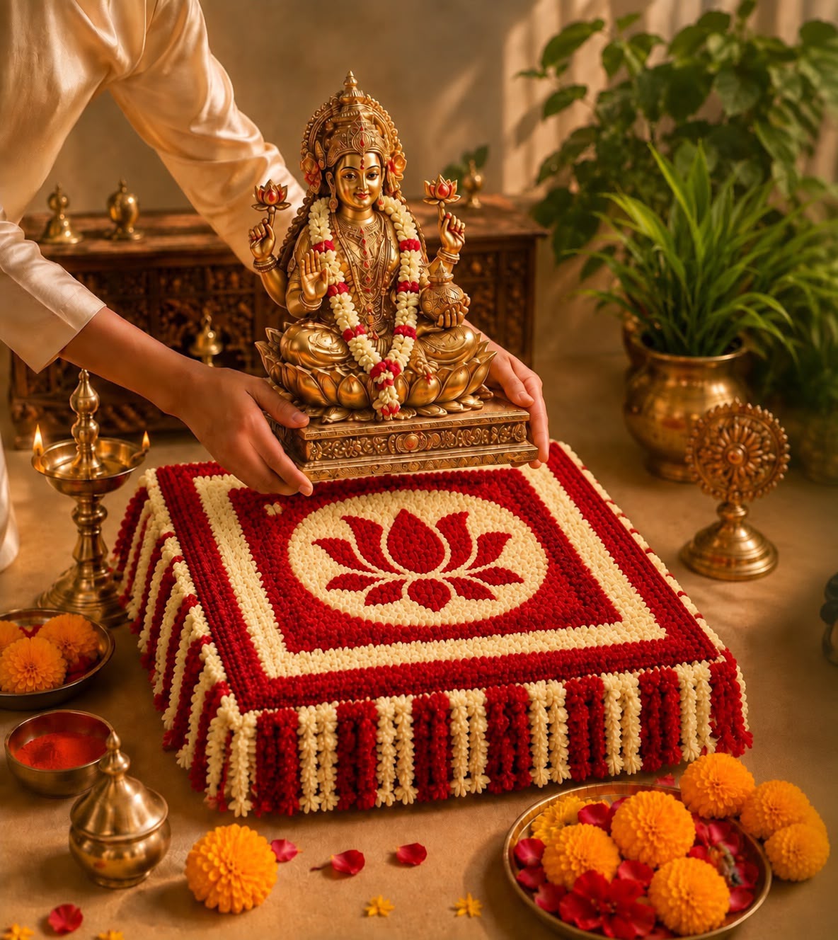 Devi Aasan Lotus (Padma) chowki cover – sacred fabric seat cover for Lakshmi puja & Navratri | Craft Decor