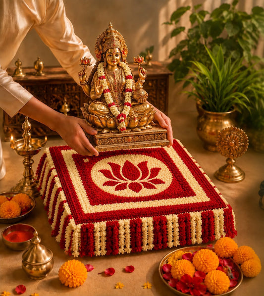 Devi Aasan Lotus (Padma) chowki cover – sacred fabric seat cover for Lakshmi puja & Navratri | Craft Decor