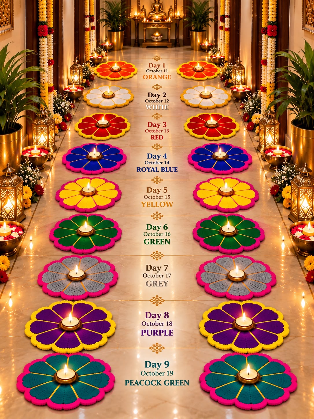 Nav Rang Navratri colour-coded floor mat set – rainbow corridor decoration for 9-night Navratri puja and Garba | Craft Decor