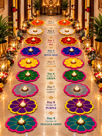 Nav Rang Navratri colour-coded floor mat set – rainbow corridor decoration for 9-night Navratri puja and Garba | Craft Decor