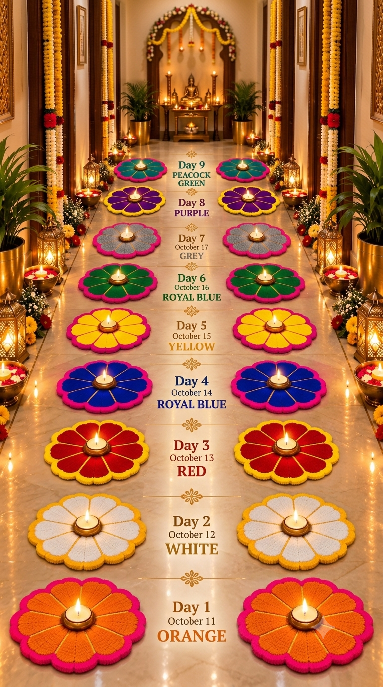 Nav Rang Navratri 9-day colour mat set – 18 circular rangoli mats in 9 colours laid in temple corridor with colour calendar guide | Craft Decor