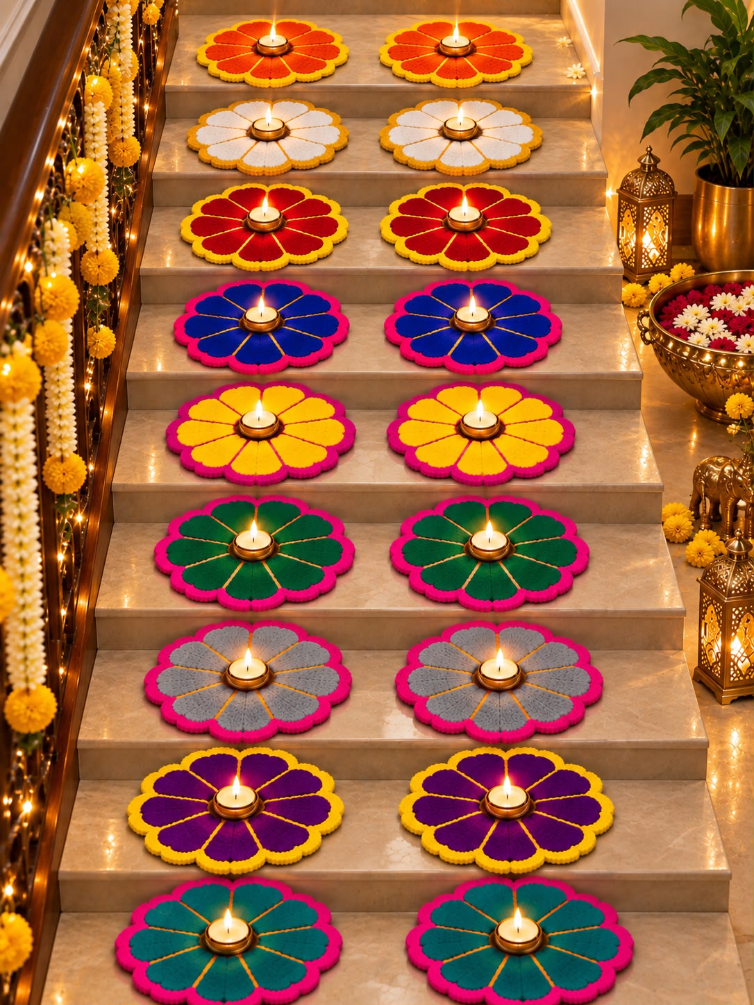 Nav Rang set of 18 Navratri mats full corridor view – 2 mats per day, 9 colours, reusable no-powder rangoli | Craft Decor