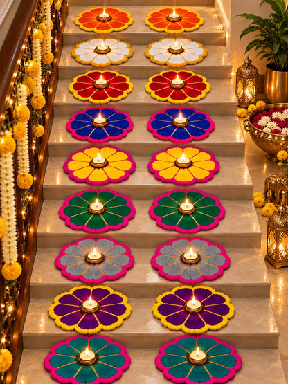Nav Rang set of 18 Navratri mats full corridor view – 2 mats per day, 9 colours, reusable no-powder rangoli | Craft Decor