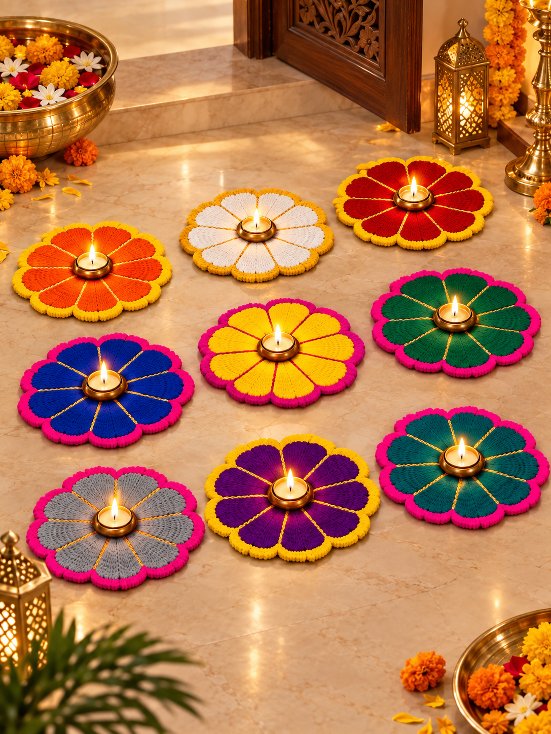 Nav Rang 9-colour Navratri rangoli mats close-up – yellow green grey orange white red blue pink purple mat set of 18 | Craft Decor