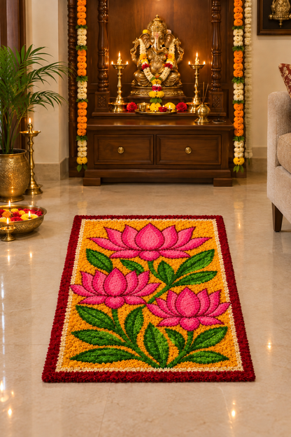 Kamal Vatika Lotus Rectangular Rangoli Mat – 3×2 Ft Fur Yarn | Craft Decor