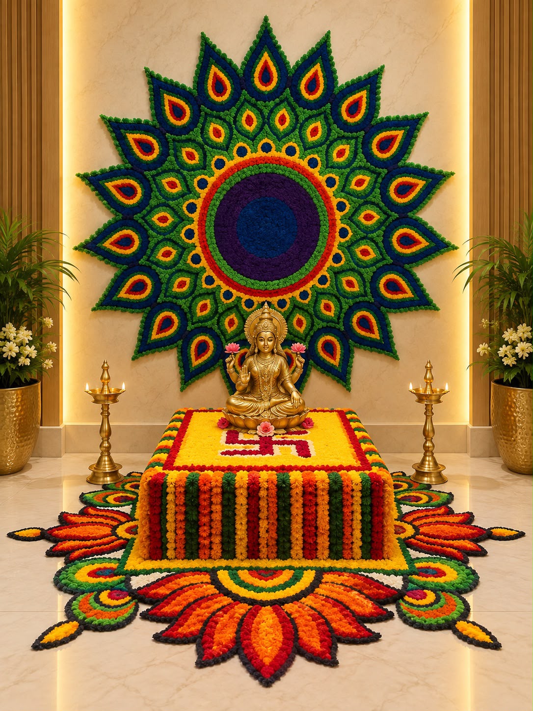Mor Vedi peacock theme mandir décor set – 2ft circular backdrop with chowki cover and floor spread, full mandir setup | Craft Decor