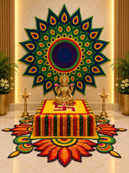 Mor Vedi peacock theme mandir décor set – 2ft circular backdrop with chowki cover and floor spread, full mandir setup | Craft Decor