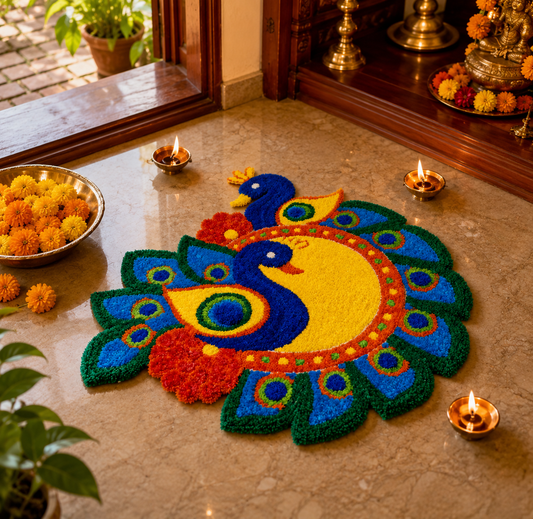 Peacock pair sun medallion rangoli mat 3 Ft fur yarn – Craft Decor