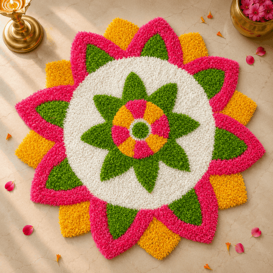 Pink Marigold Star Mandala Rangoli Mat – 3 Ft Fur Yarn