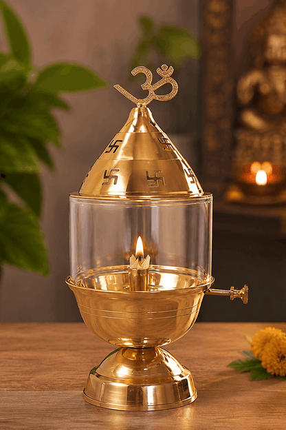 Pure Brass Akhand Jyot Diya with Om & Swastik Cap by Craft Decor