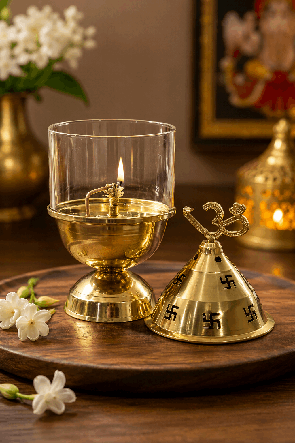 Pure Brass Akhand Jyot Diya with Om & Swastik Cap by Craft Decor