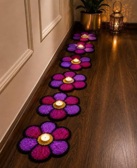 Purple Bloom Floral Rangoli Mats Set of 8 with diyas – Craft Decor