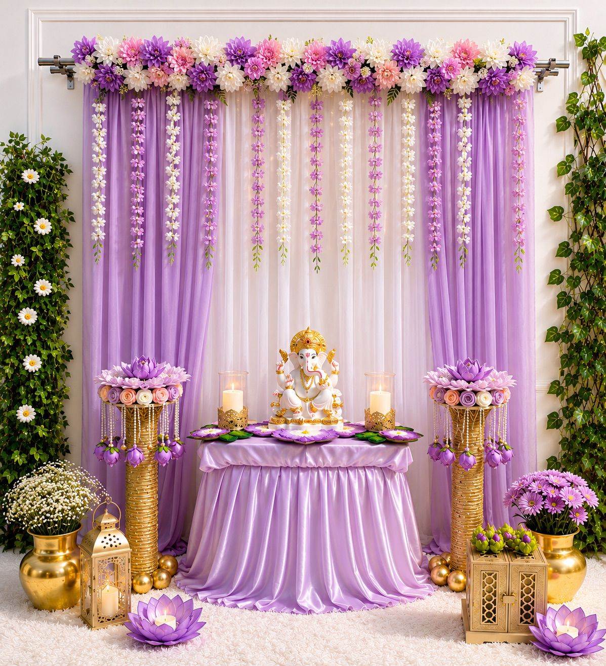Pushp Darbar Ganpati Backdrop by Craft Decor | 7×5 Ft