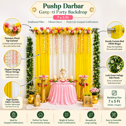Pushp Darbar Ganpati Backdrop – 7×5 Ft Floral Backdrop | Craft Decor