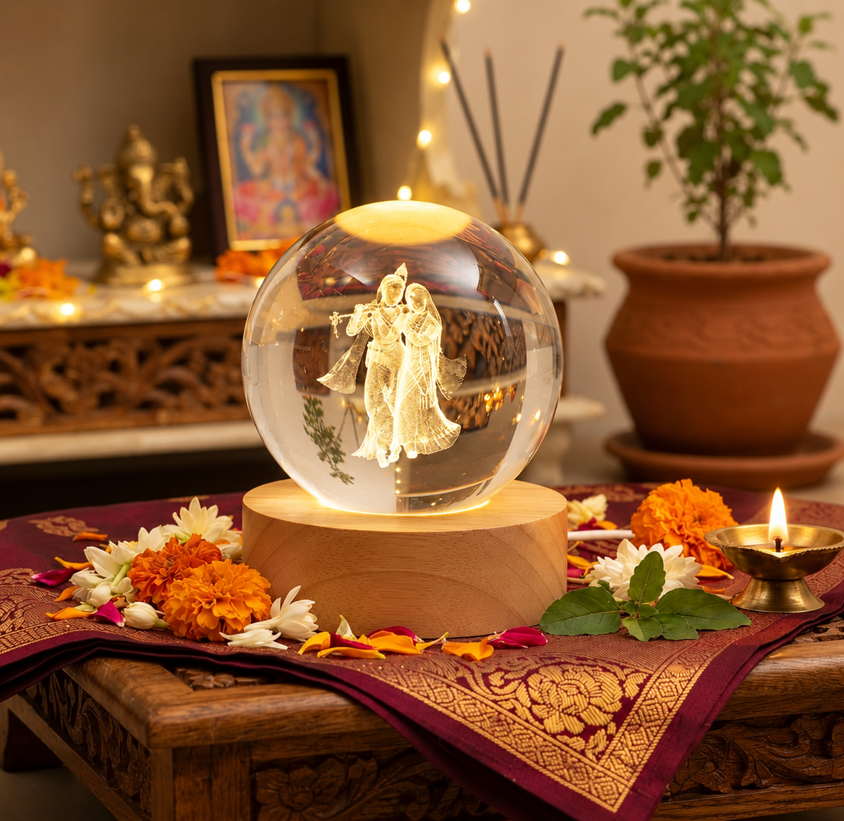 Radha Krishna Standing 3D Crystal Rotating Lamp | Devotional LED Decor | Craft Decor