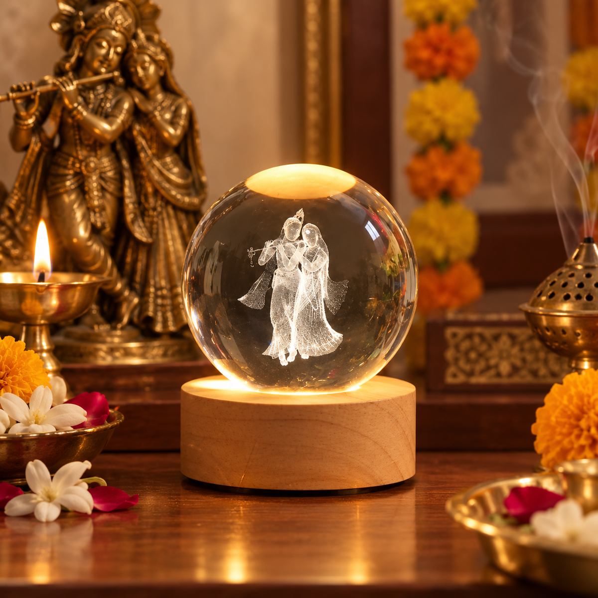 Radha Krishna Standing 3D Crystal Rotating Lamp | Devotional LED Decor | Craft Decor