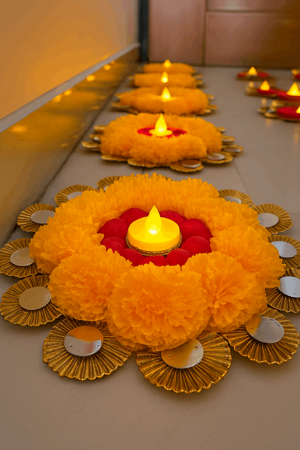 GlowCircle Marigold Rangoli Mats – Set of 8
