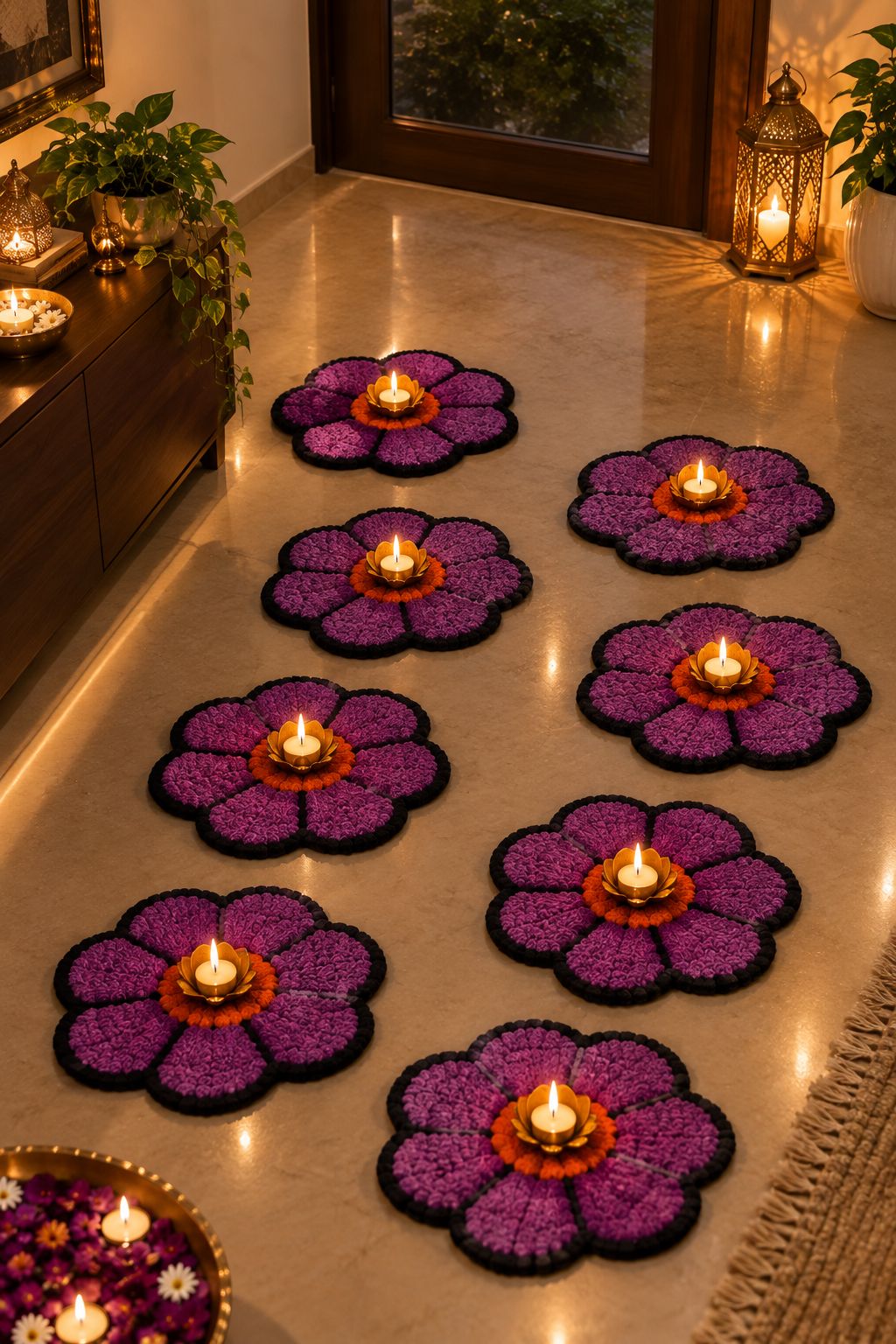 Poorna Phool – Full Bloom Rangoli Floor Mat Set | Set of 8 | Craft Decor