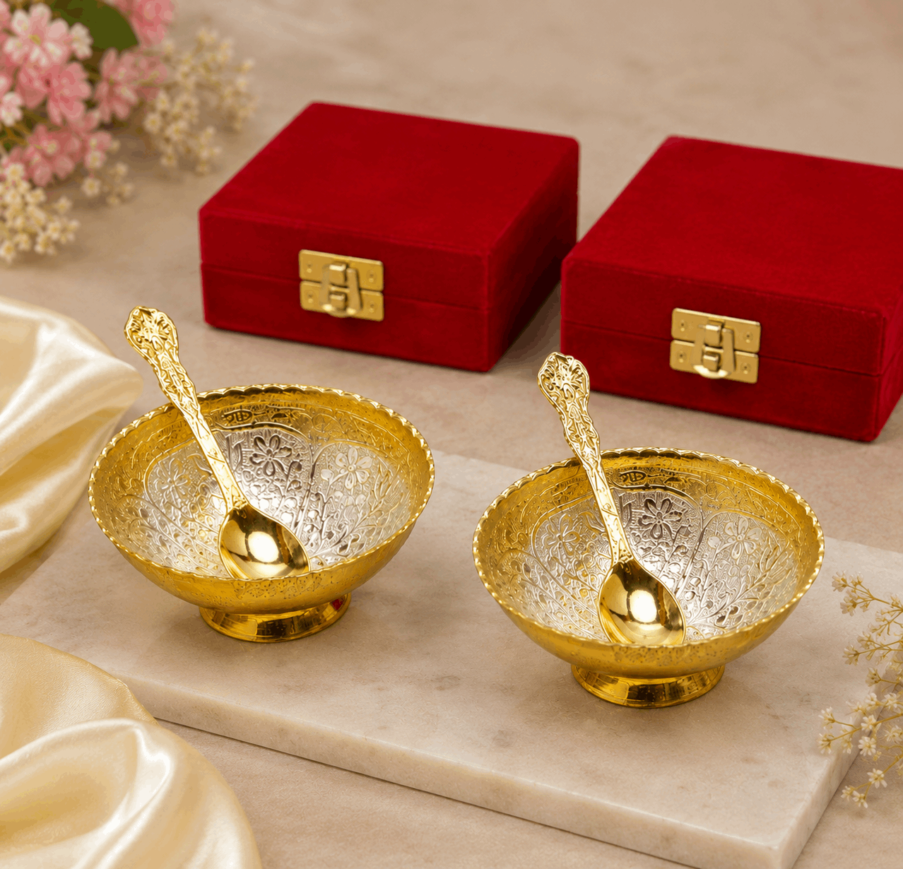 Royal Gold & Silver Plated Bowl Set with Spoon | Set of 2