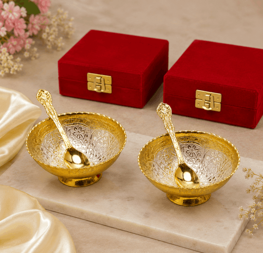 Royal Gold & Silver Plated Bowl Set with Spoon | Set of 2